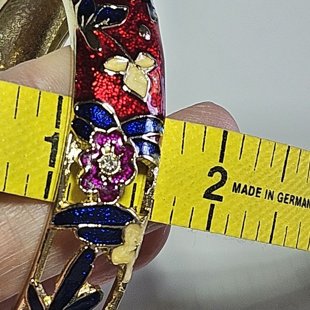 *Sale* Jiu Long Xing Gold Tone Red Blue Cloisonne Flower Hinged Bracelet 7.5" - Picture 6 of 14
